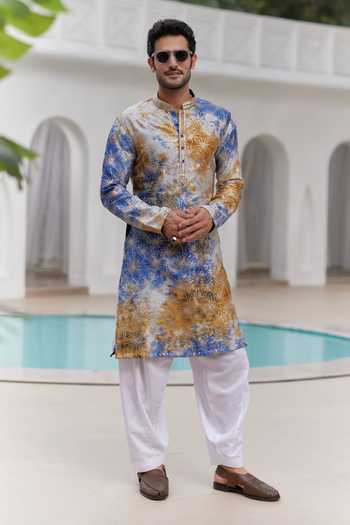 Men'S Sky Blue And Multi Coloured Embroidered Straight Kurta Pyjama Set main image 0