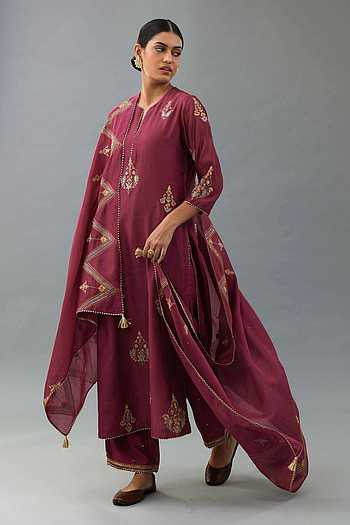 Women Wine Organza Viscose Chanderi Zari Kurta Set