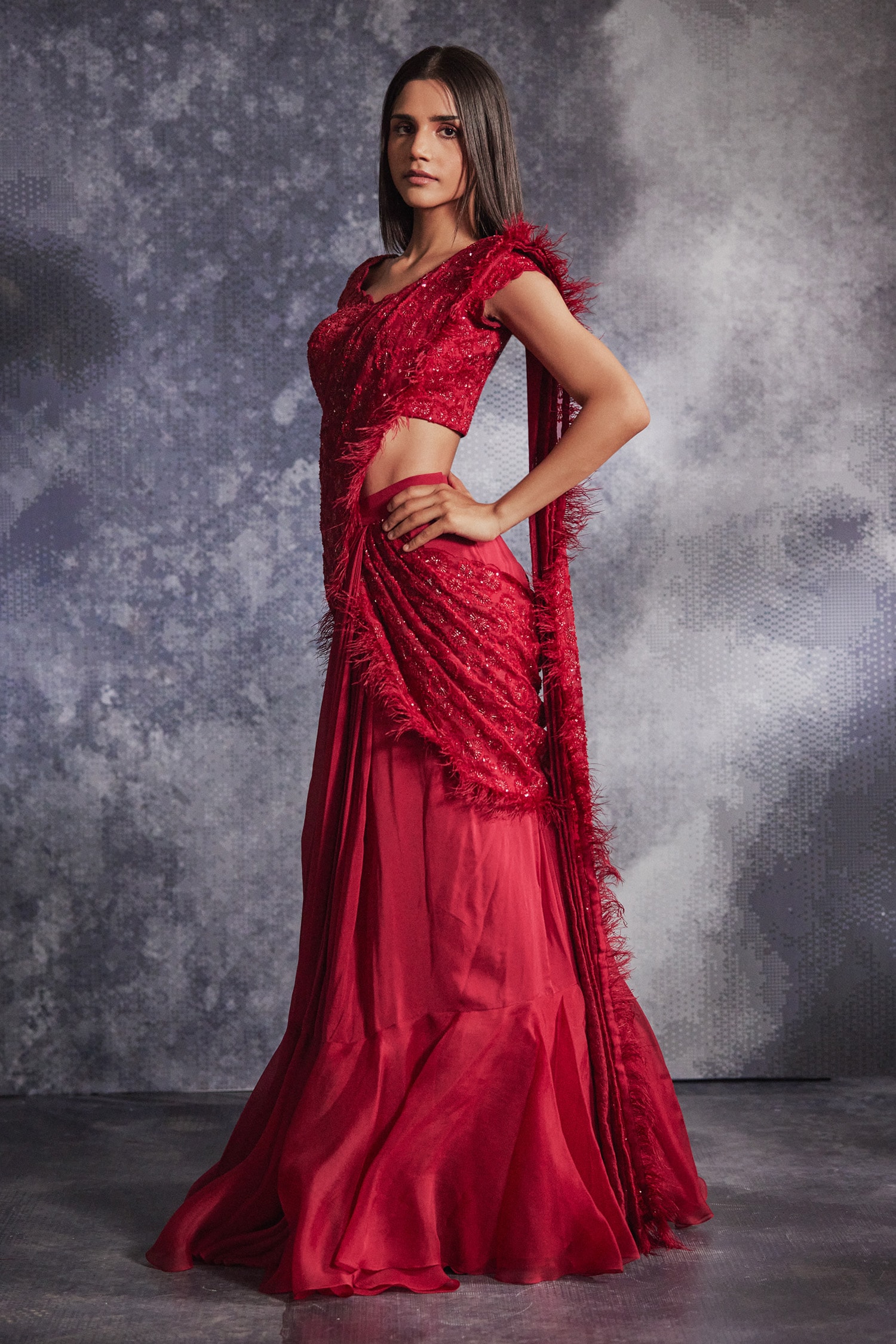 Designer Red Lehenga Saree with Sequence and Moti Work - Ethnic Race