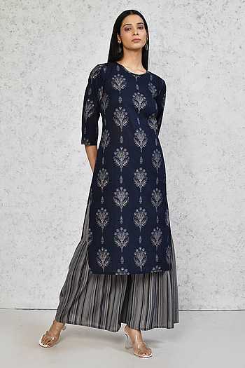 Solid Coffee Brown 3/4Th Sleeve Cotton Kurta With Printed Floral Sharara