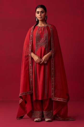Women A-Line Waist Tie-Up Red & Gold Printed Kurta & Palazzo Set