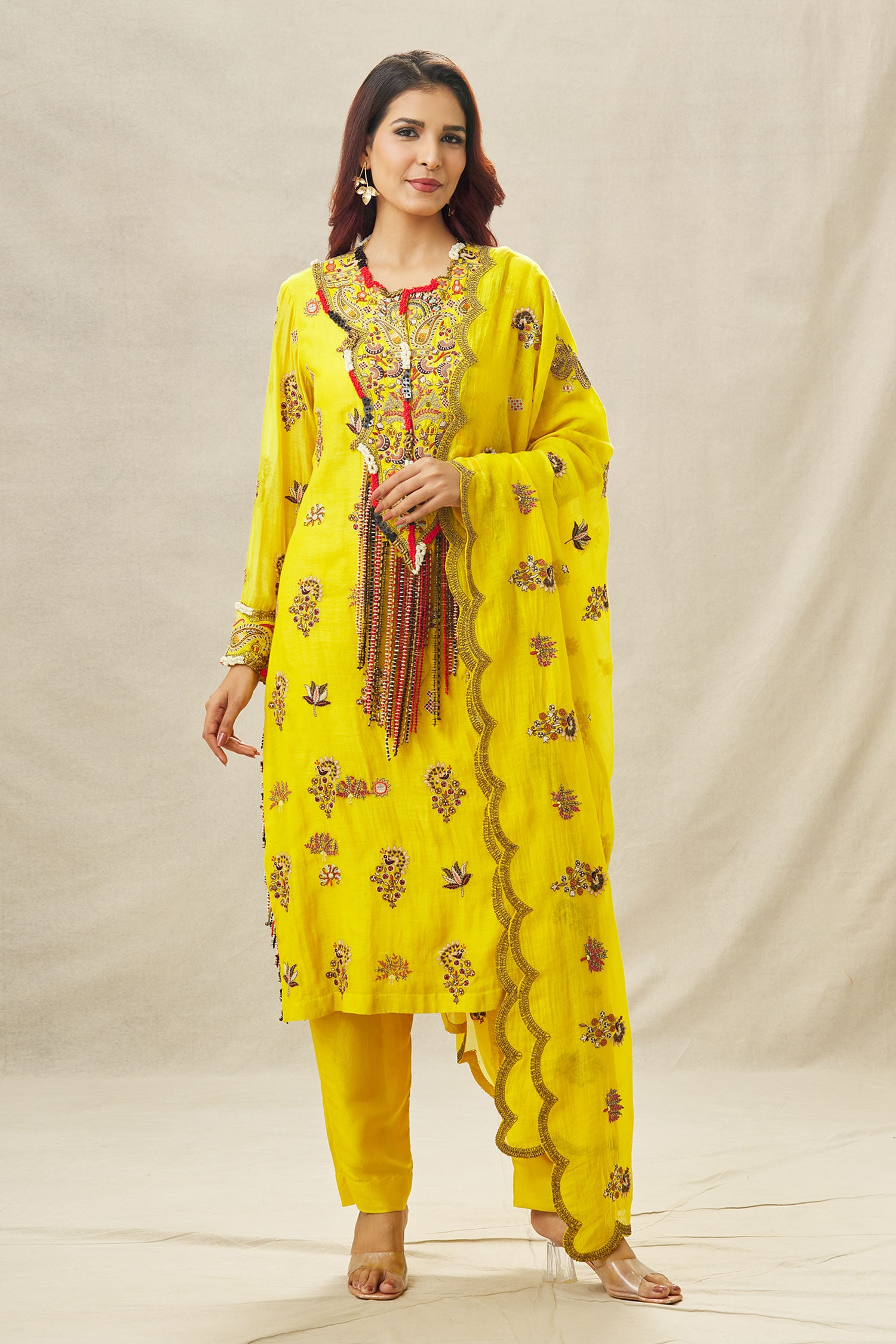 Buy Yellow Cotton Silk Embroidery Thread Round Kurta Pant Set For Women ...