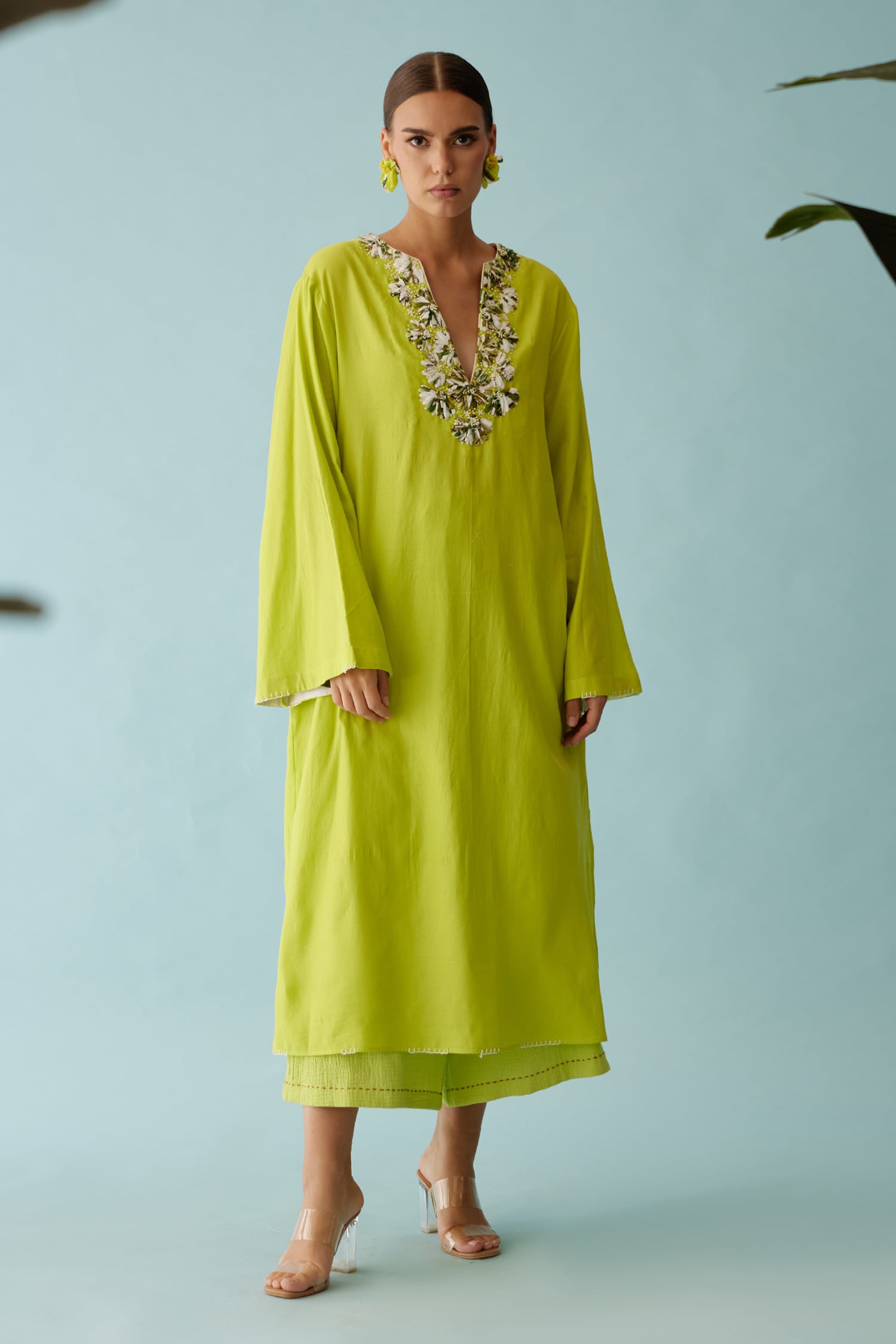 Buy Green 100 Cotton Embroidered Ribbon Notched Kaftan And Pant Set For Women By Nikasha Online