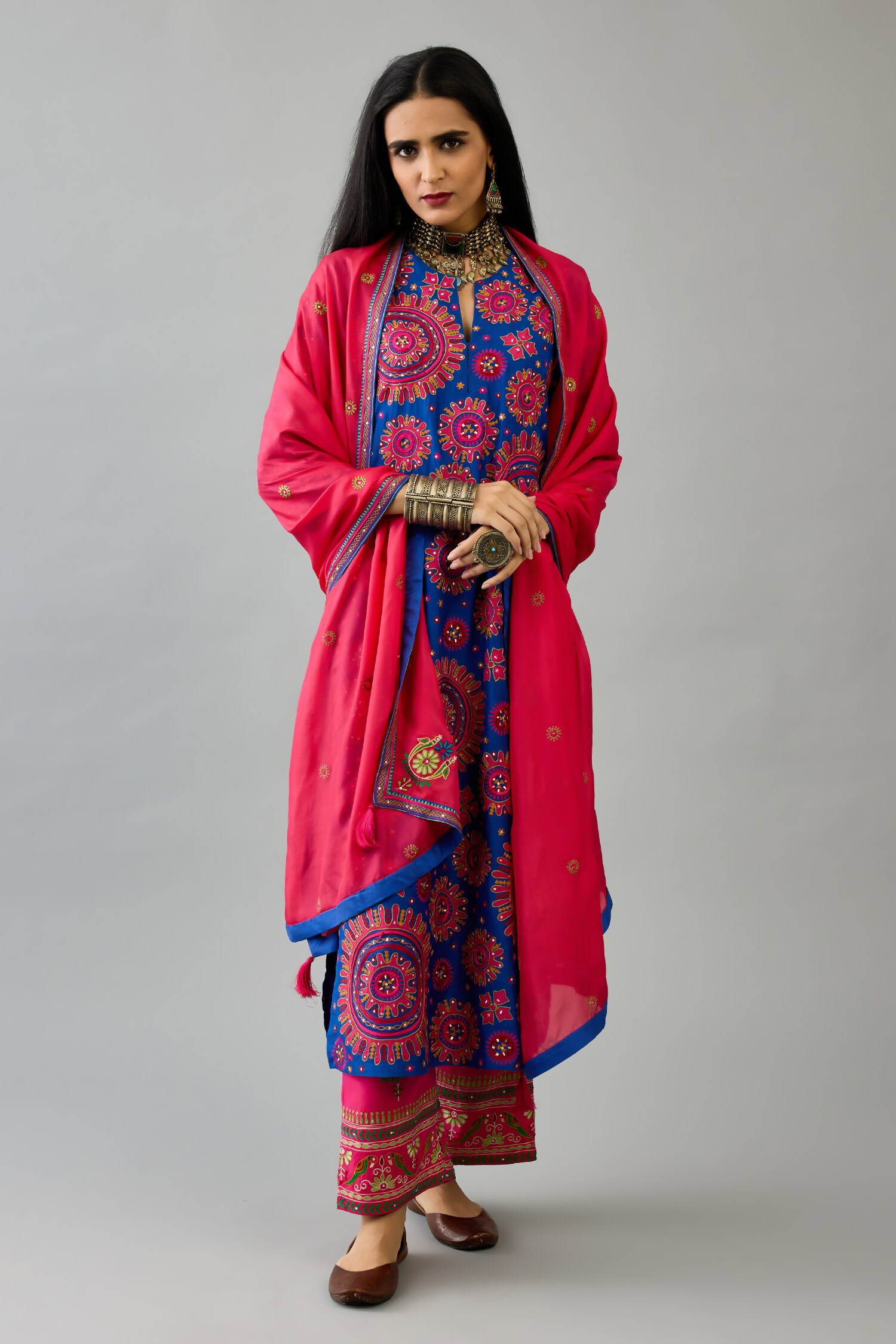 Buy Blue Kurta And Pant Silk Embroidered Floral Thread Straight Set For ...