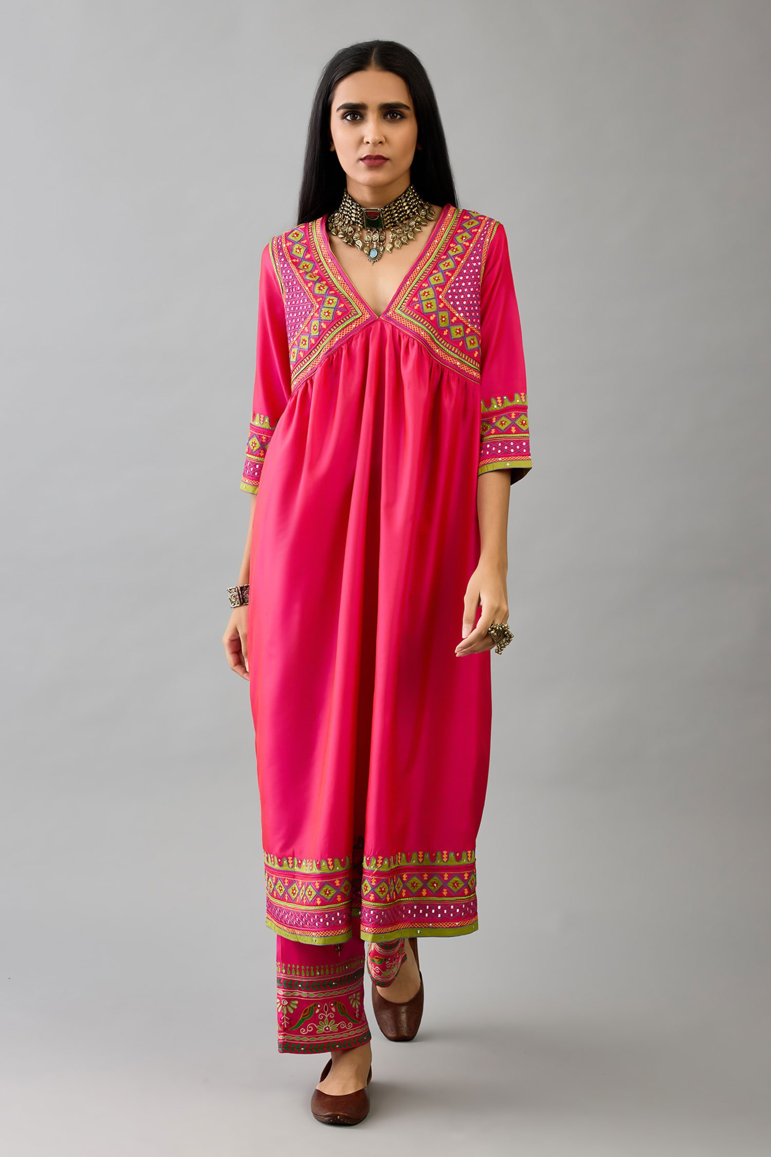 Buy Fuchsia Silk Thread Embroidered V-neck Anarkali With Pant For Women ...