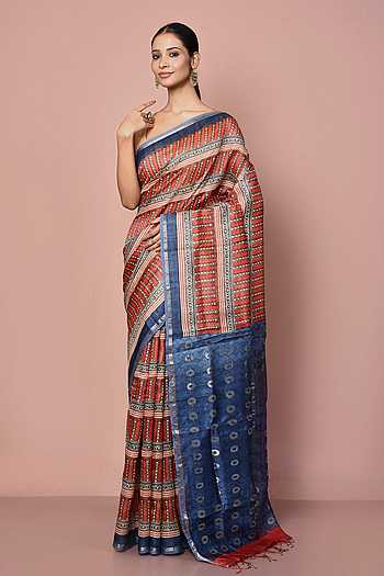 Elegant Moss Silk Floral Printed Blue Saree with Satin Border & Designer Pallu | Running Blouse Piece