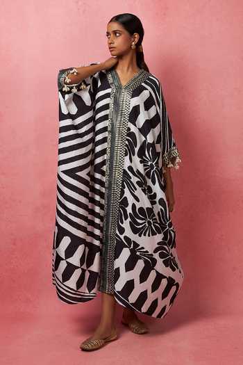 METALLIC PRINT V NECK KAFTAN WITH FEATHERS