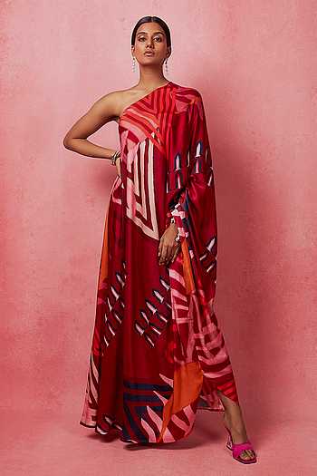Women Maroon Abstract Printed Flared Dress