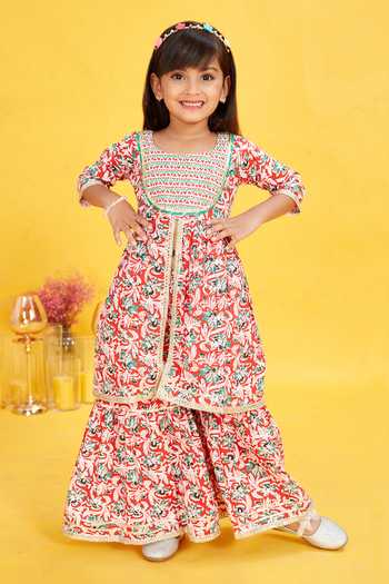 Girls Pink Floral Printed Alia Design Kurta with Sharara with dupatta