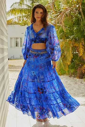 Buy Blue Chiffon Crystals Embellished Balloon Sleeve Blouse For