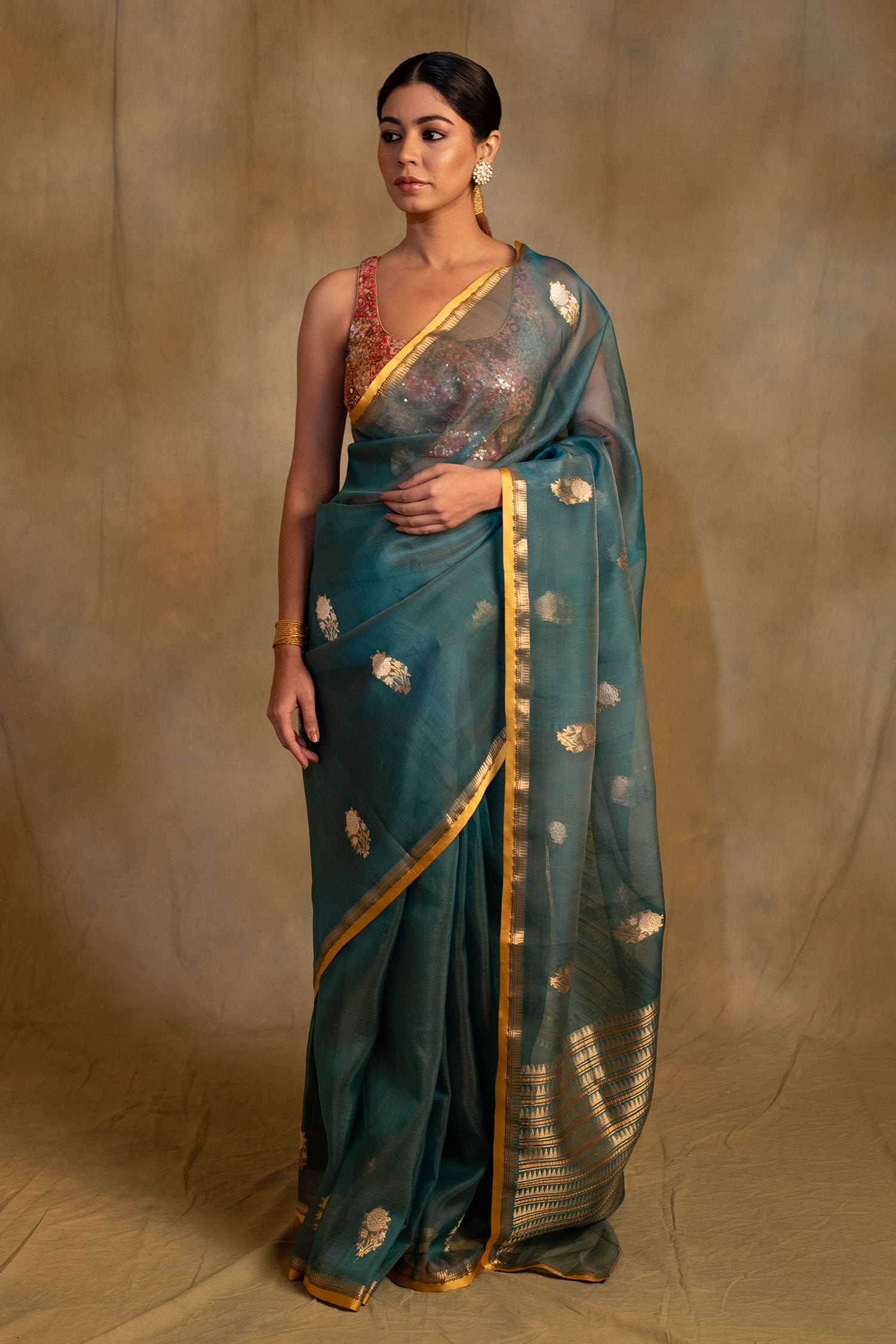 Buy Blue Silk Organza Paisley Ugadi Saree With Unstitched Blouse