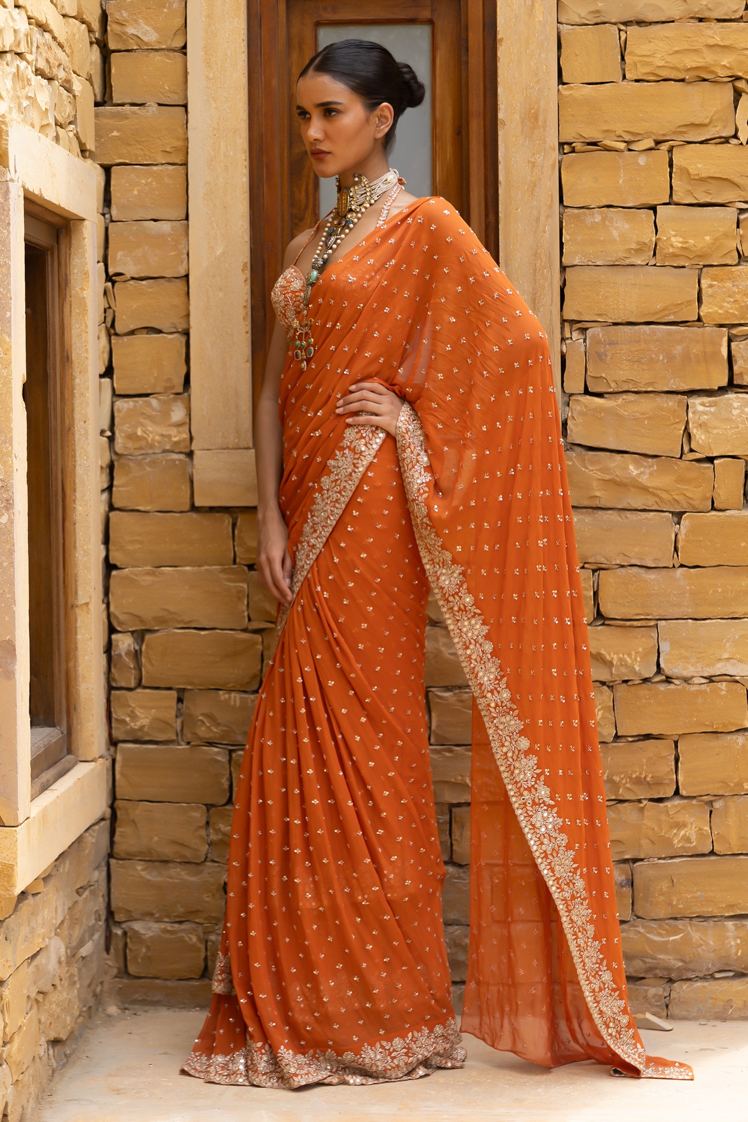 Arpita Mehta - Orange Georgette Hand Floral Pre-draped Saree And Blouse Set  For Women