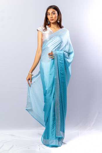 Women Blue Cotton Blend Printed Saree With Unstitched Blouse