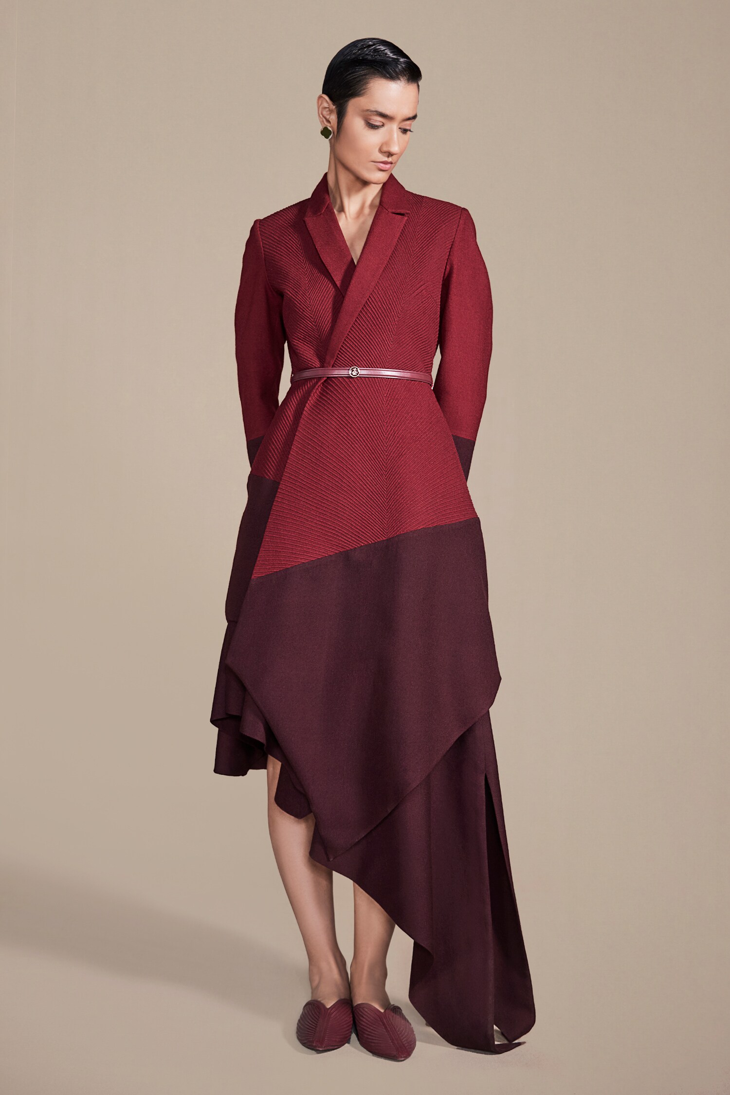 Buy Maroon Thick Wool Embroidered Embossed Lapel Collar Jacket And