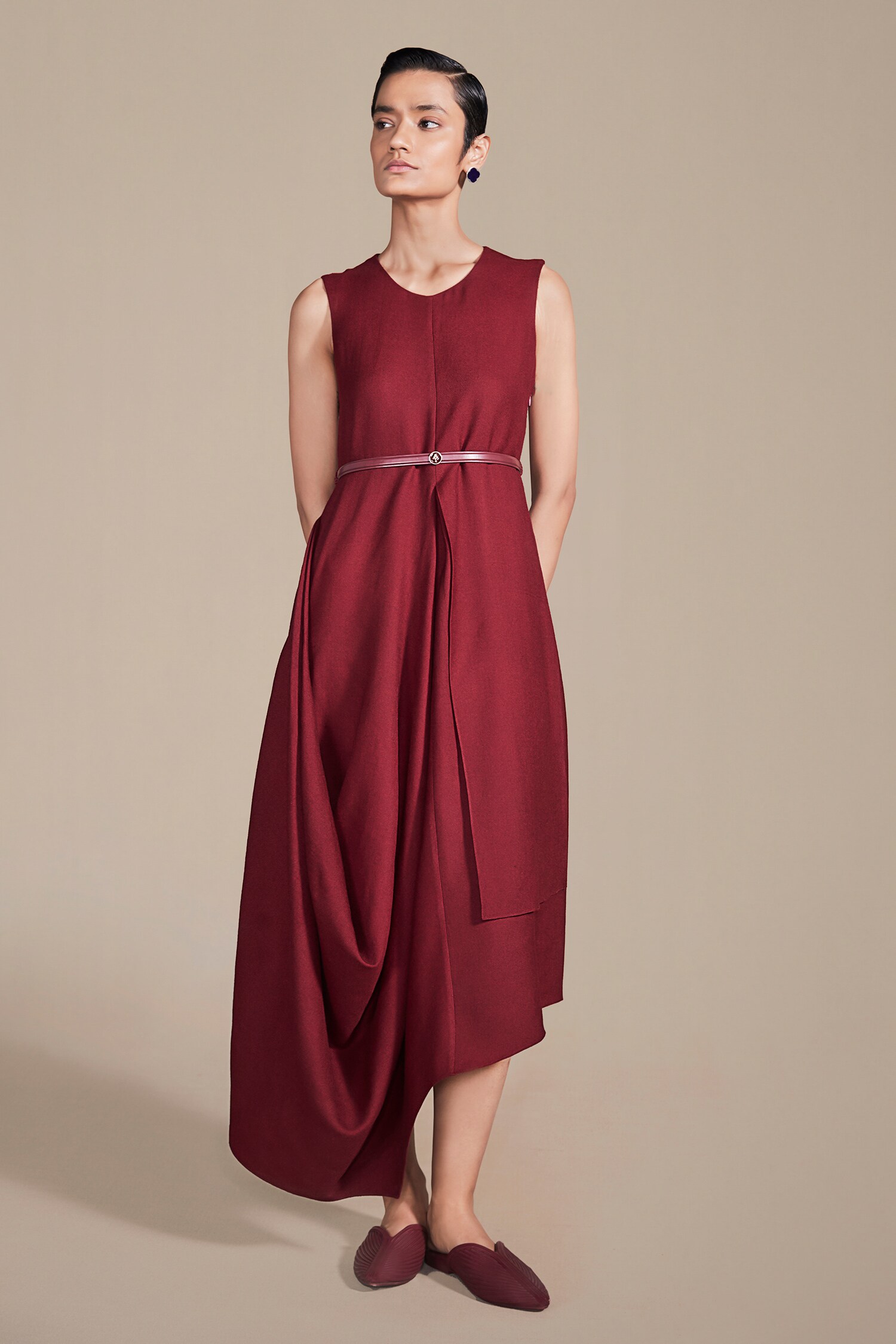 Buy Maroon Thick Wool Solid Round Asymmetric Dress With Belt For Women