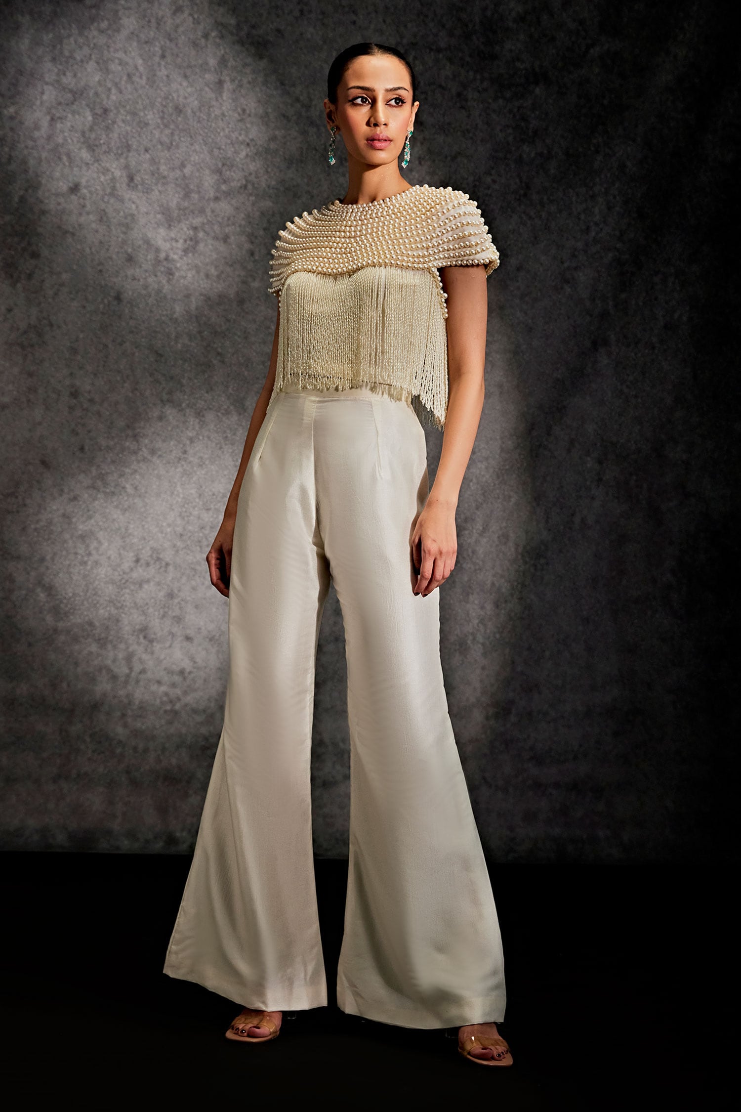 Buy Ivory Organza Embellished Misty Utopia Top With Bell Bottom Pant ...