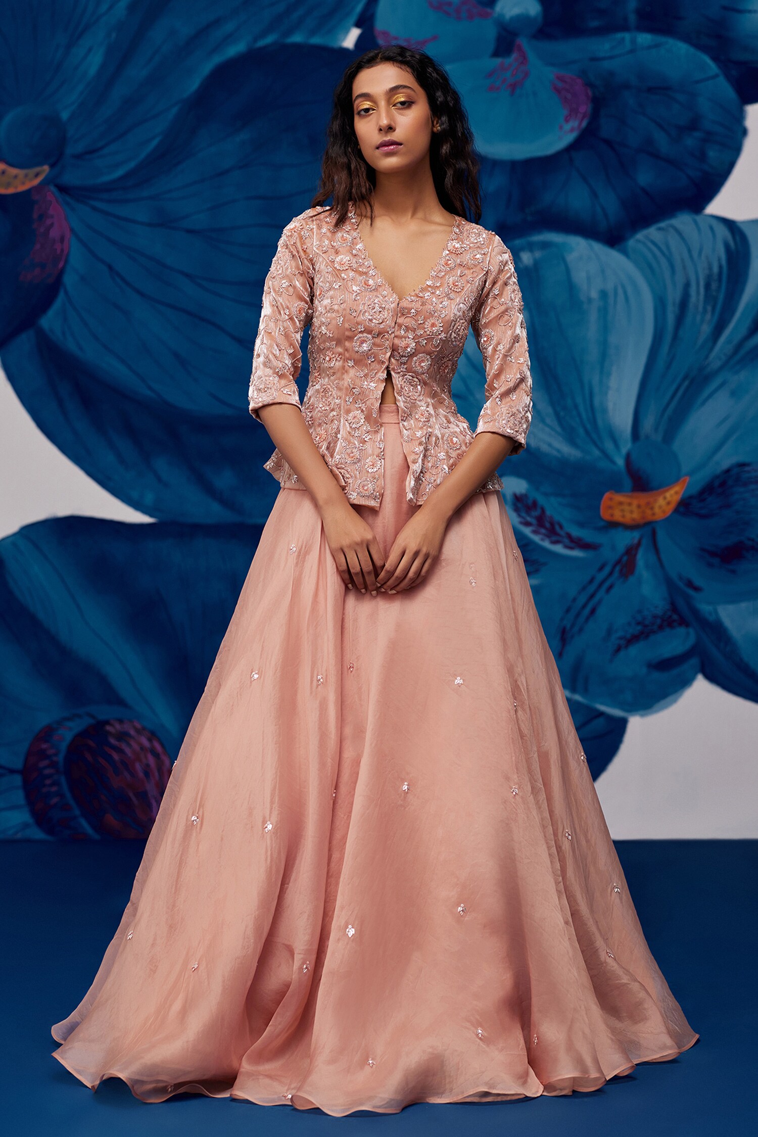 Buy Pink Blouse Crepe Embroidered Sequin Jacket Floral Lehenga Set For