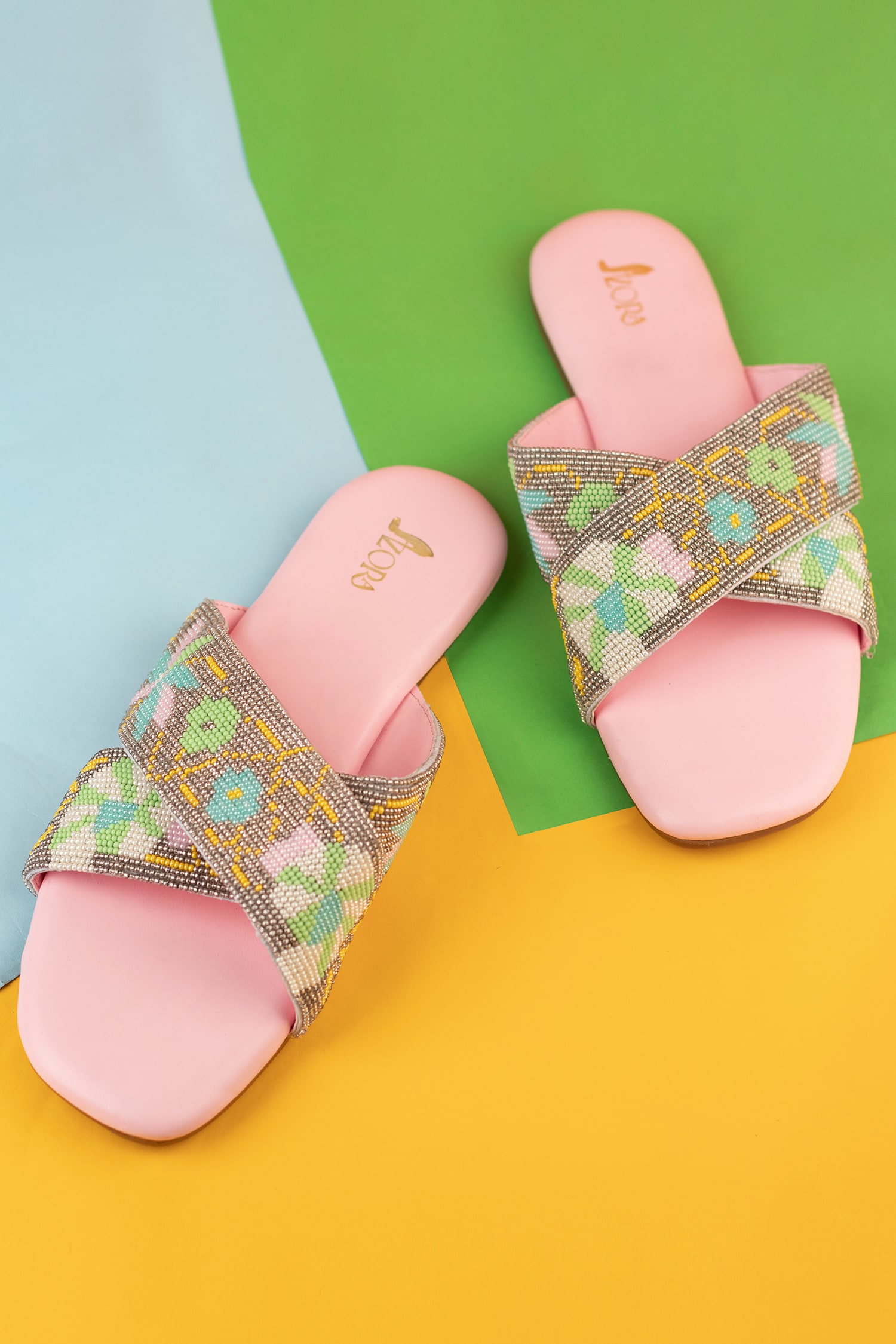 Buy Pink Bead Farasha Embroidered Flats by Azora Online at Aza Fashions.