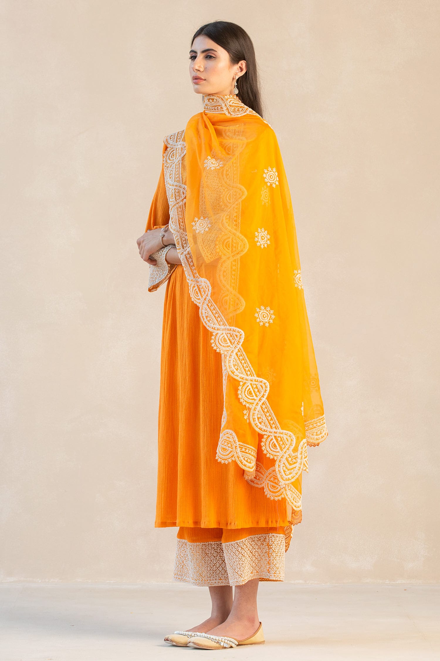 Off white and tangerine embroidered kurta and pants - Set Of Two