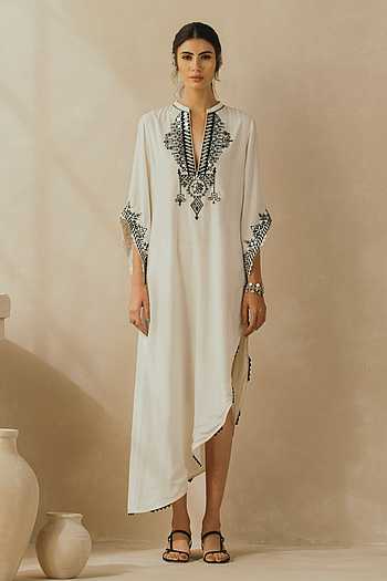 Women  Mustard- Multi Colored Pure Silke Gotta And Mirror Embroidered Kaftan With Dhoti Pants
