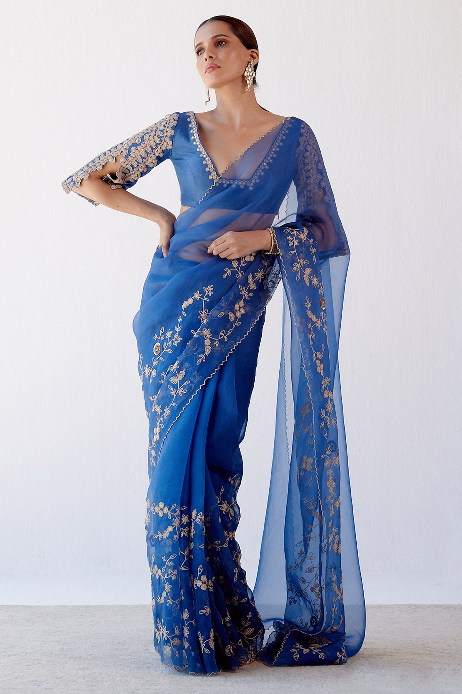 Devnaagri Blue Silk Organza And Chanderi Embroidered Sequin Saree With Blouse For Women