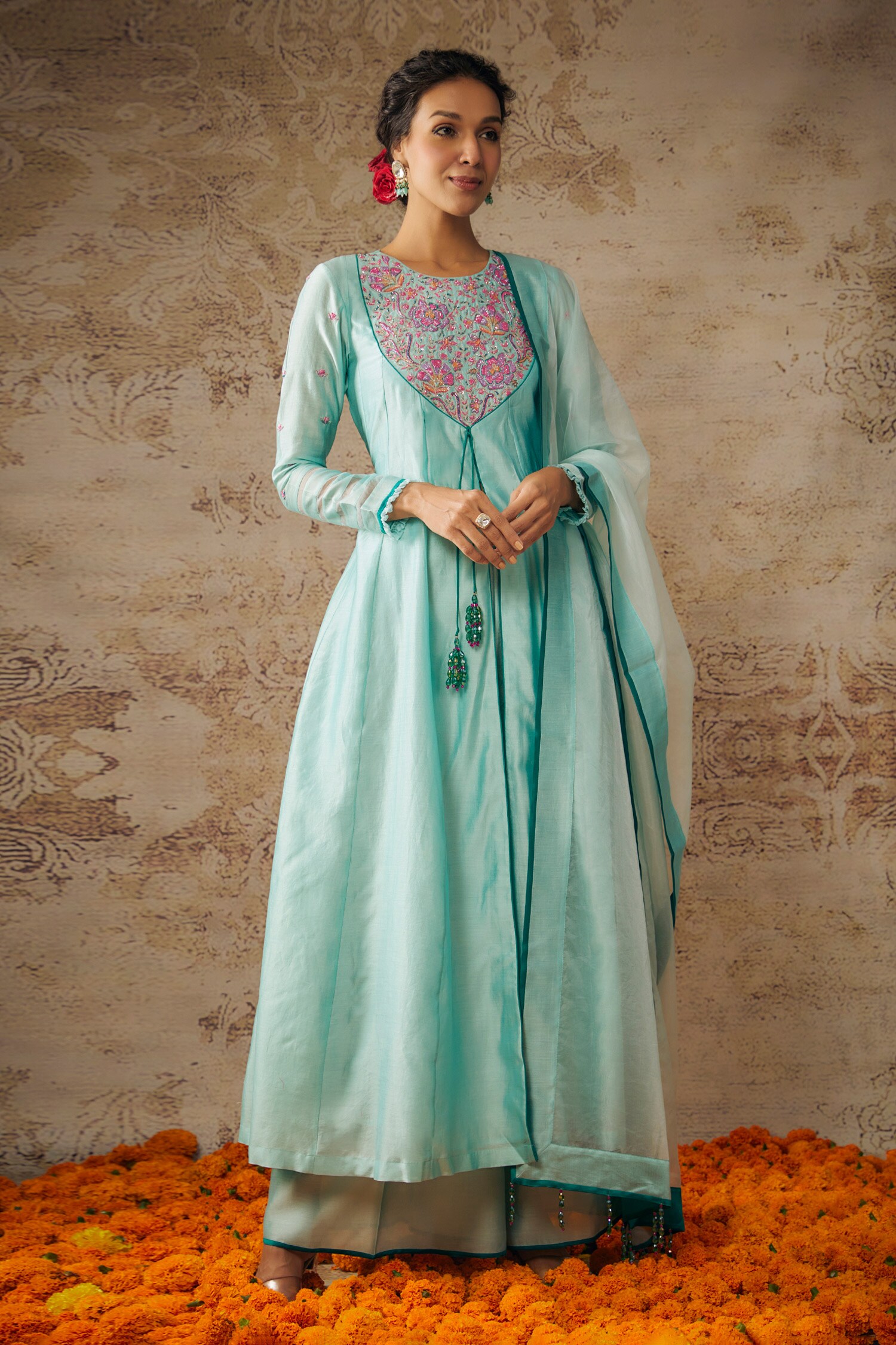 Buy Blue Pure Handwoven Chanderi Glass Bead Embroidery Round Neck Yoke Anarkali Set For Women By