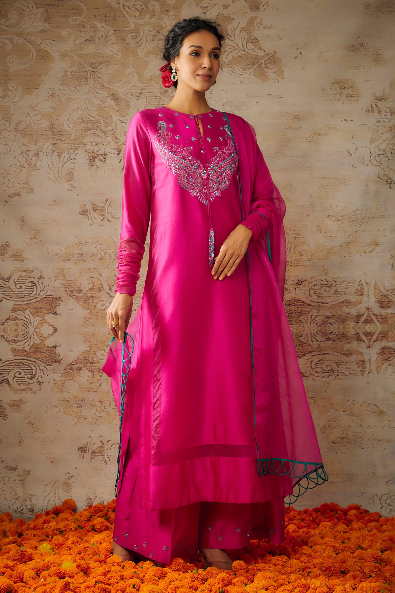 Buy Pink Pure Handwoven Chanderi Glass Bead Paisley Yoke Kurta Palazzo ...