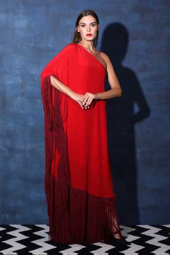 Buy Red Crepe Fringe One Shoulder Contrast Maxi Kaftan Dress For Women by  Swatee Singh Online at Aza Fashions.