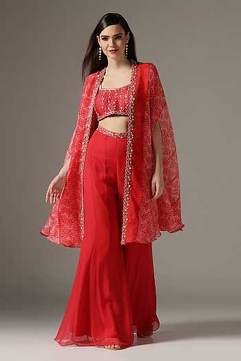 Peach Mirror And Cutdana Work Cape Set With Palazzo