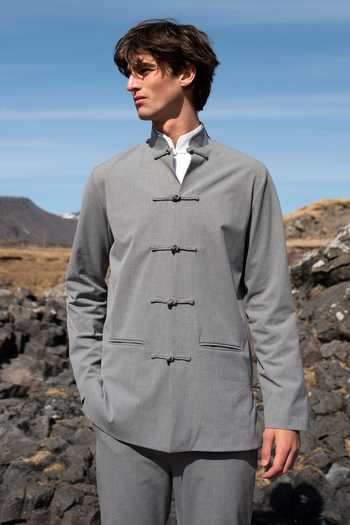 Buy Grey Viscose Plain Knotted Jacket For Men by Dash and Dot Online at ...