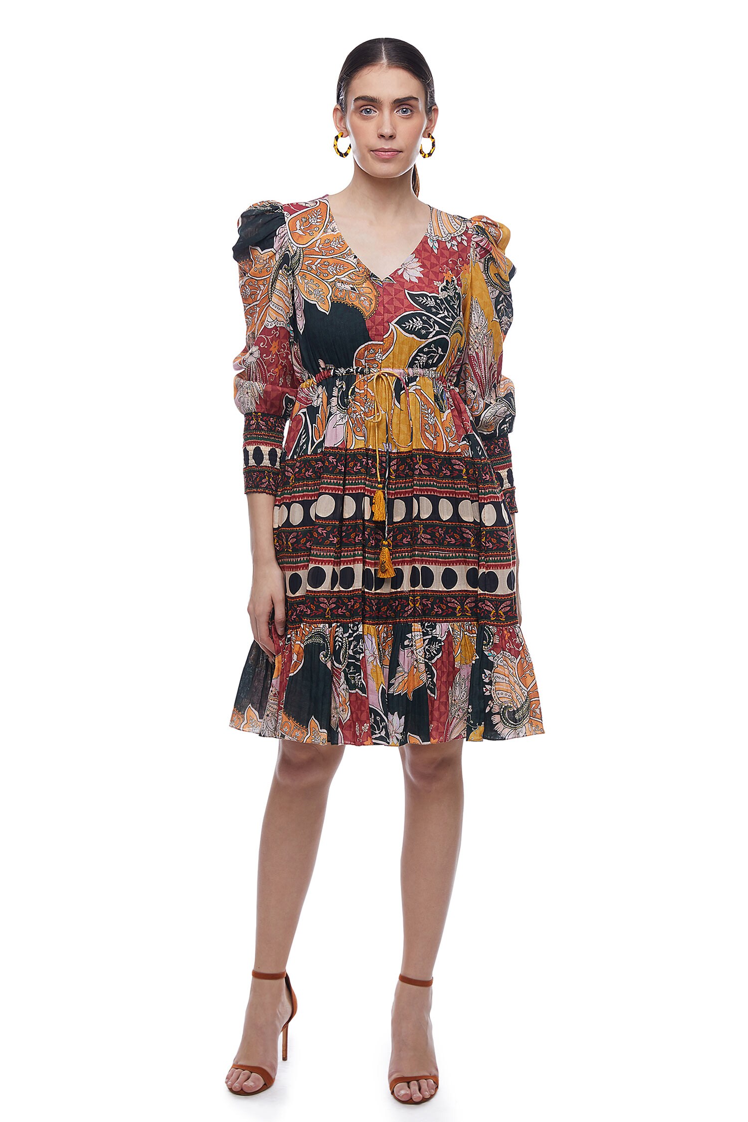 Buy Multi Color Cotton Embroidery V Neck Printed Dress For Women by