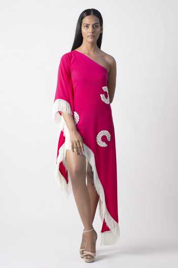 Buy Pink Georgette Lycra Placement Hand Embroidered Sea Shell Kaftan ...