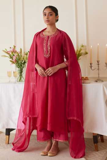 Olive Floral Printed Mirror Work Chanderi A-line Kurta with Straight Pants and Dupatta Set main image 1