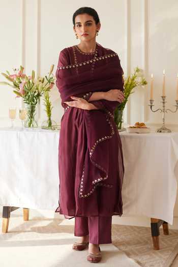 Juanita- Handwoven chanderi tissue wine colour kurta