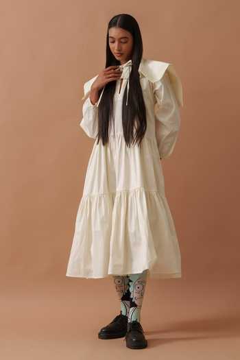 Ivory White Lycra Coat Dress with Exquisite Pearl Handwork