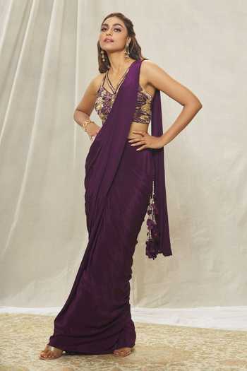 Orange Georgette Fish Cut Ready Pleated Indo Western Saree With Embroidered Blouse And Cut Dana Sequin And Pearl Detailing