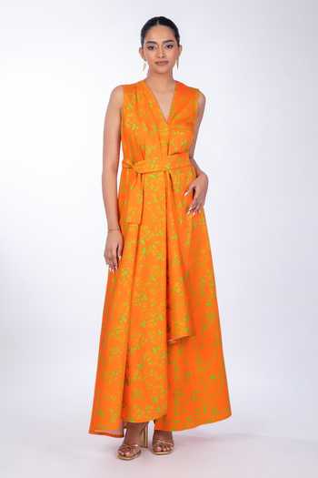 Plunging V-Neck Satin Dress With Slit Marigold main image 1