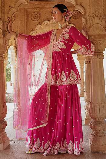 Girl's Pink Floral Printed Peplum Kurta with Sharara Set