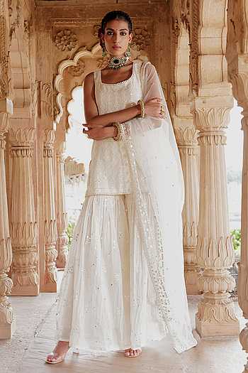 MULMUL AAFREEN EMBROIDERED KURTA-SHARARA & DUPATTA SET