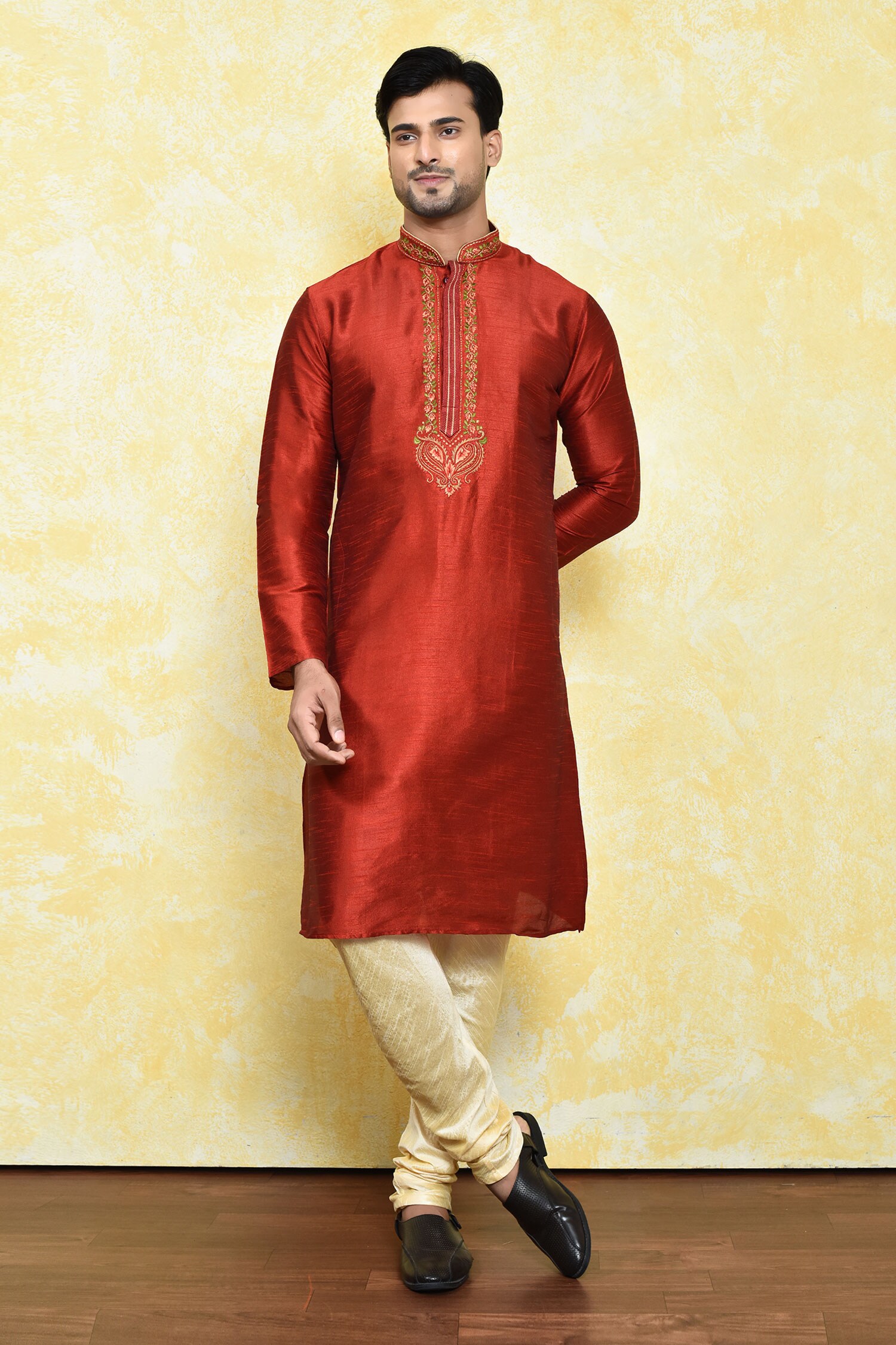 Buy Maroon Art Silk Embroidered Thread Placket Work Kurta And Churidar ...