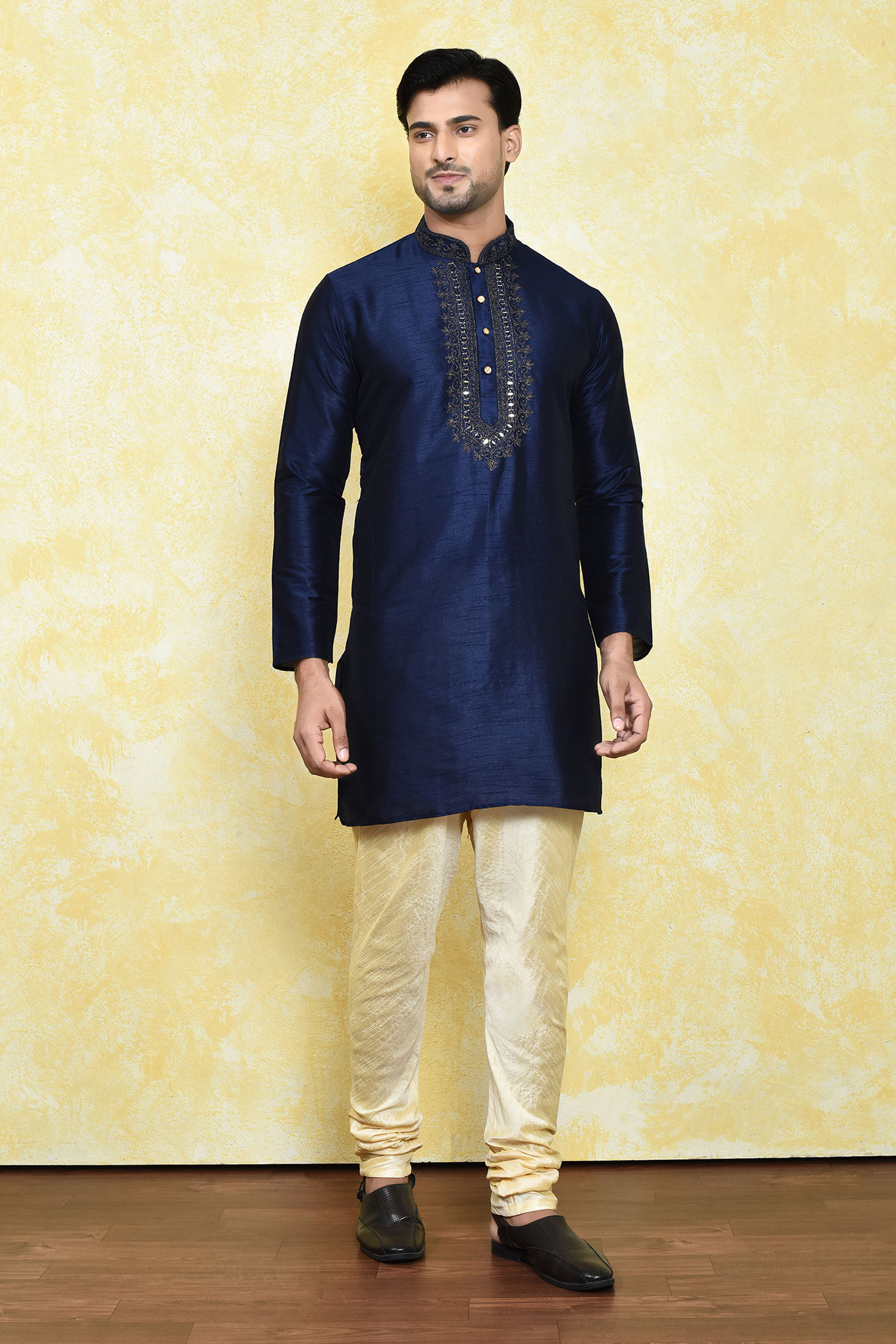 Buy Blue Art Silk Embroidered Thread Collar Mirror Kurta And Churidar Set For Men By Samyukta