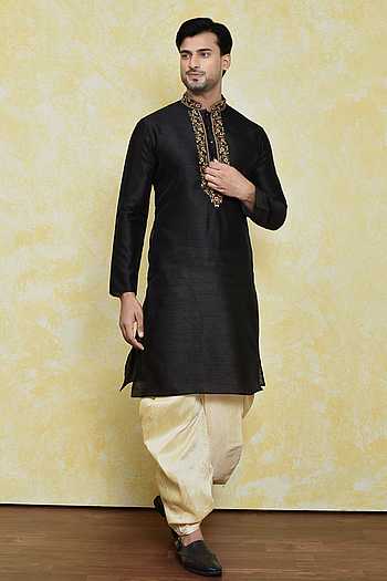 Shine Bright in Black Sequined Rolex Silk Embroidered Men’s Kurta Pyjama for Special Occasions - Buy main image 0