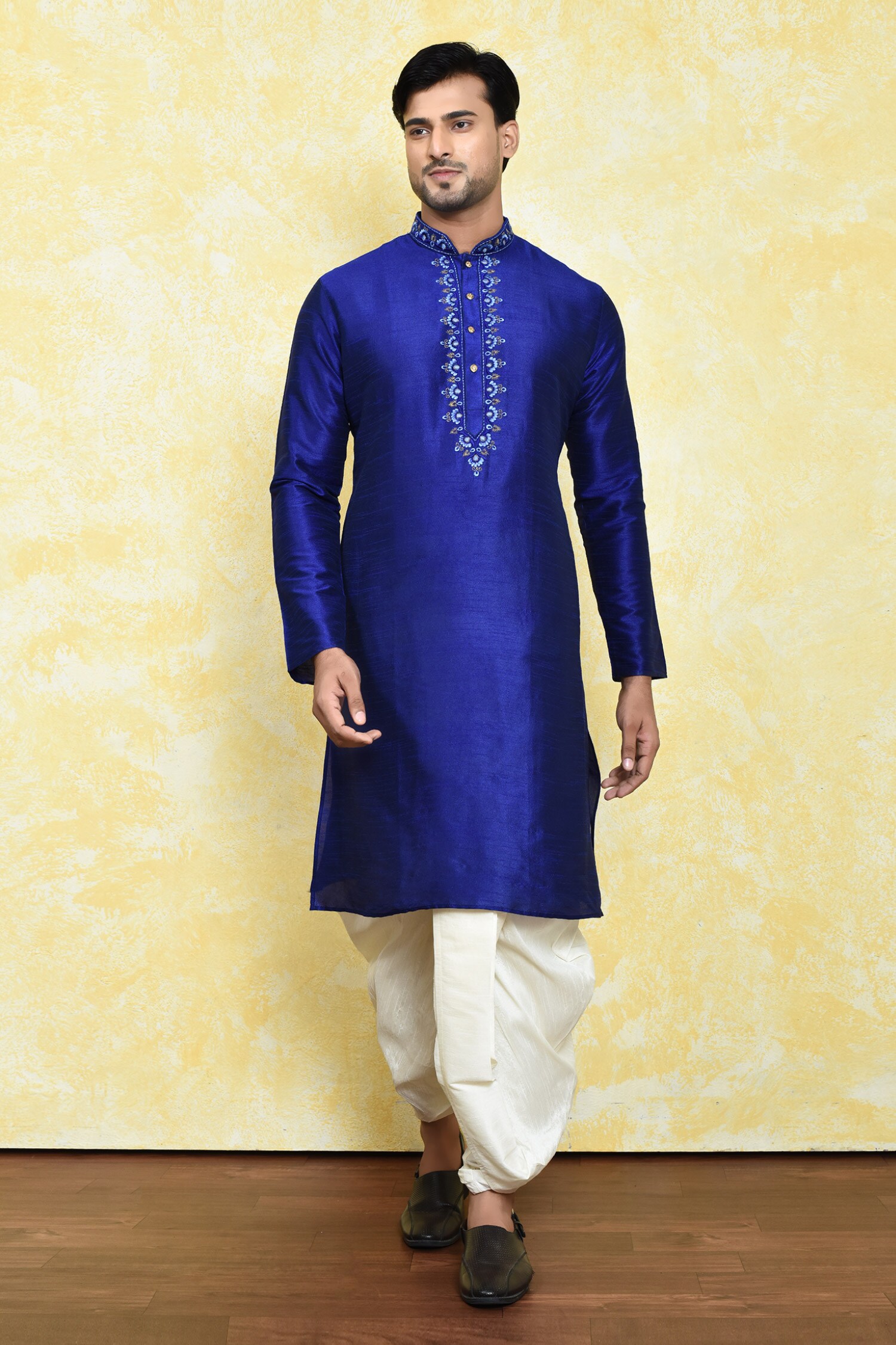 Buy Blue Art Silk Iris Placket Embroidered Kurta With Dhoti Pant For Men By Samyukta Singhania