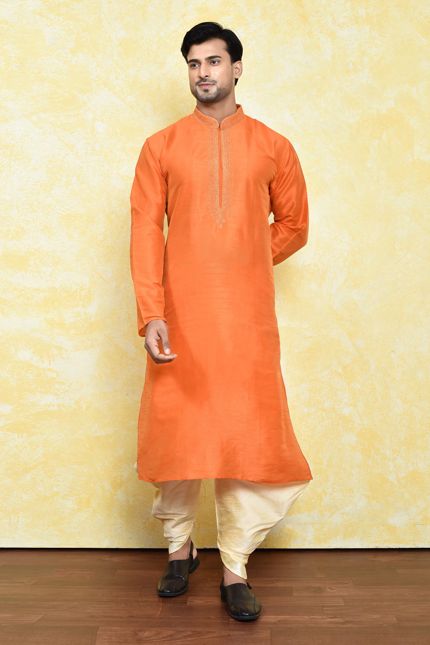 Buy Orange Art Silk Embroidered Dori Work Mandarin Collar Kurta Set For Men By Samyukta