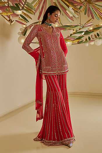 Girls' Red Ethnic Motifs Embroidered Georgette Straight Kurta with Sharara and Dupatta Set