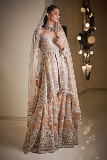 Silakaari Beige Pure Net Heavy Embroidery Mirror Thread Work Unstitched Lehenga Sharara Set