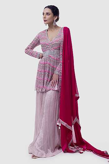 Girls Peach Printed V- Neck Kurta with Sharara