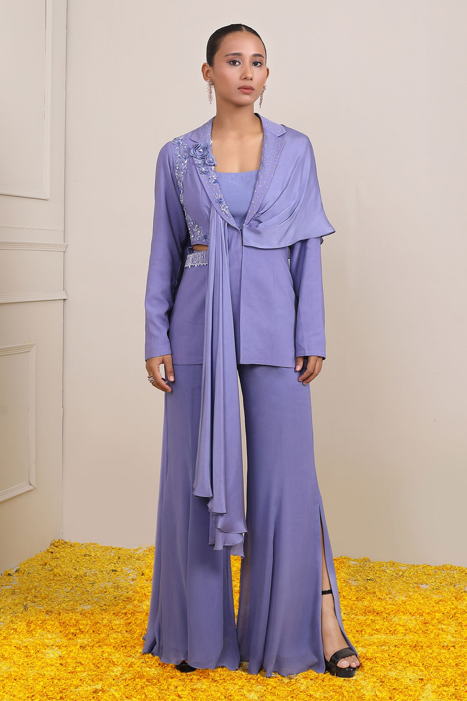 Buy Purple Embroidery Sequin Applique Myra Jacket Palazzo Set For Women by Miku Kumar