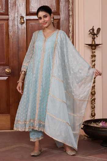Buy Blue 100% Pure Mulmul Smera Floral Anarkali Set With Carvi Dupatta ...