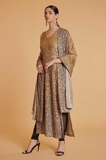 Gold Embroidered kurta With Shimmer Churidar And Golden Embroidered Dupatta